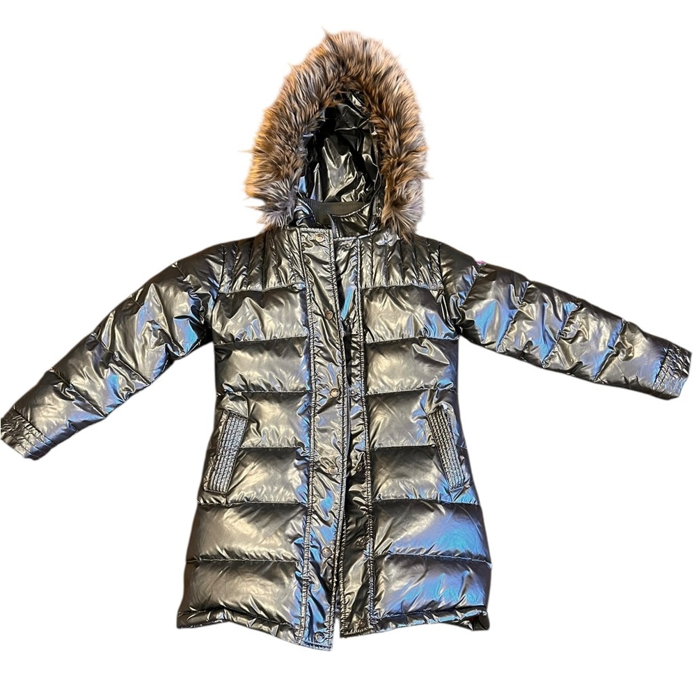 Appaman, Girl’s Metallic Silver Quilted Long Puffer Jacket with Faux Fur, Sz 10
